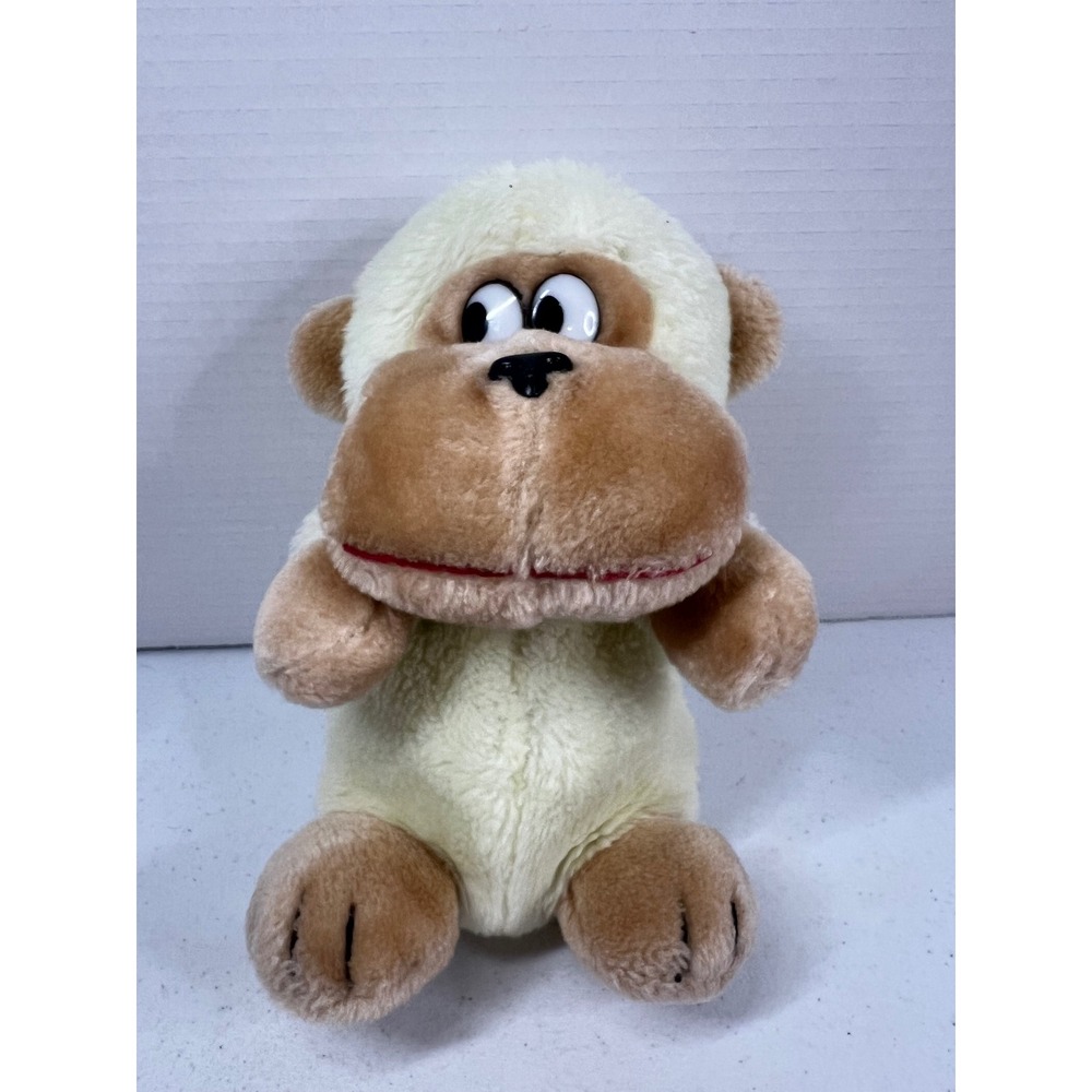 Vintage Plush Monkey Cream Tan Stuffed Animal Toy Red Mouth 8.5 Inch